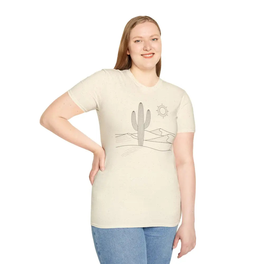 Cream-colored unisex t-shirt with desert cactus line art, lightweight fabric, elastic collar