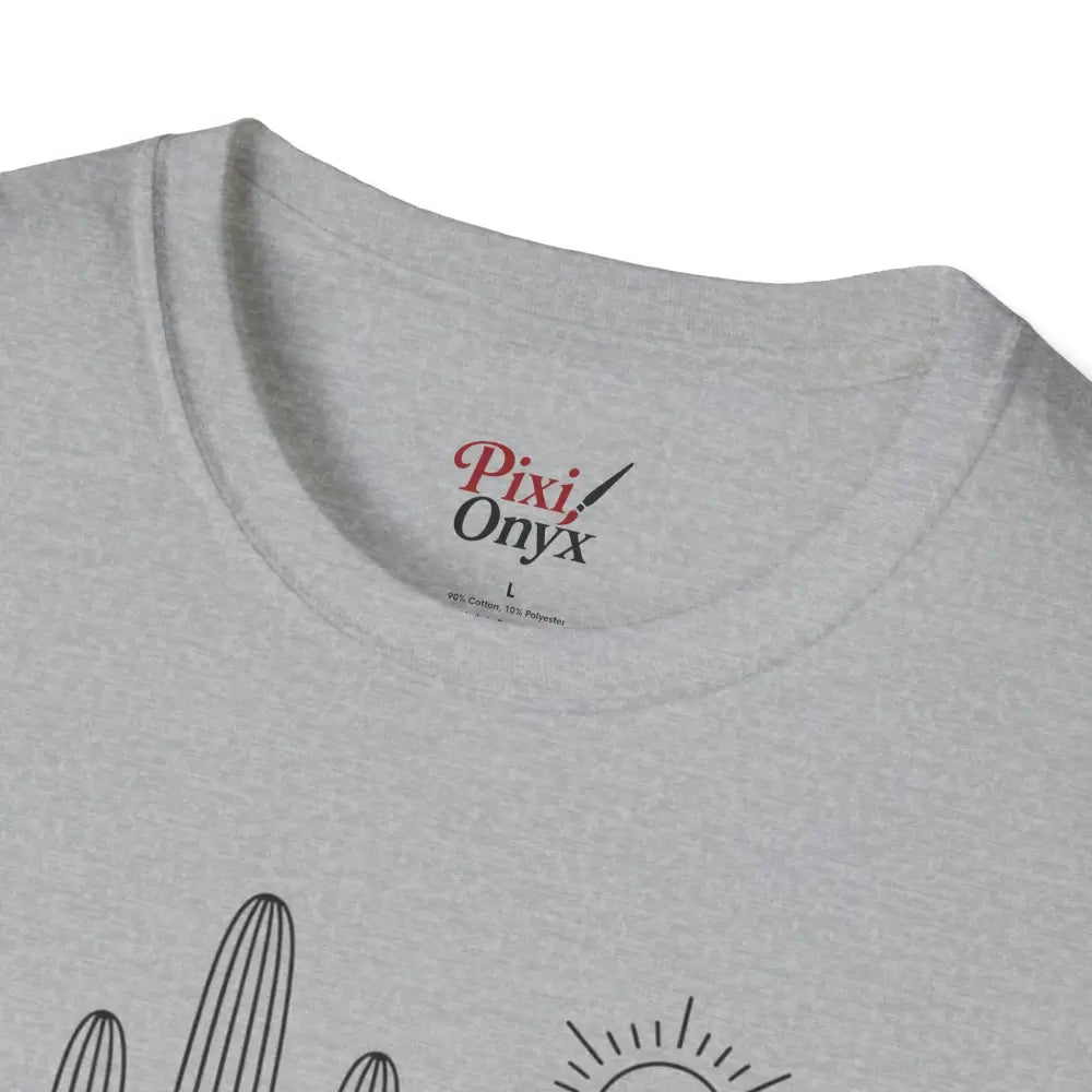Light gray heathered unisex t-shirt with desert graphic and elastic ribbed collar