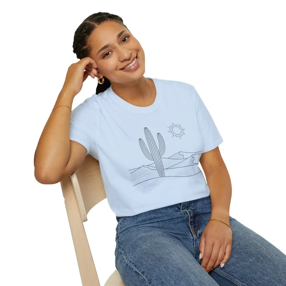 Woman wearing a cactus desert graphic unisex t-shirt with lightweight fabric and elastic ribbed collar