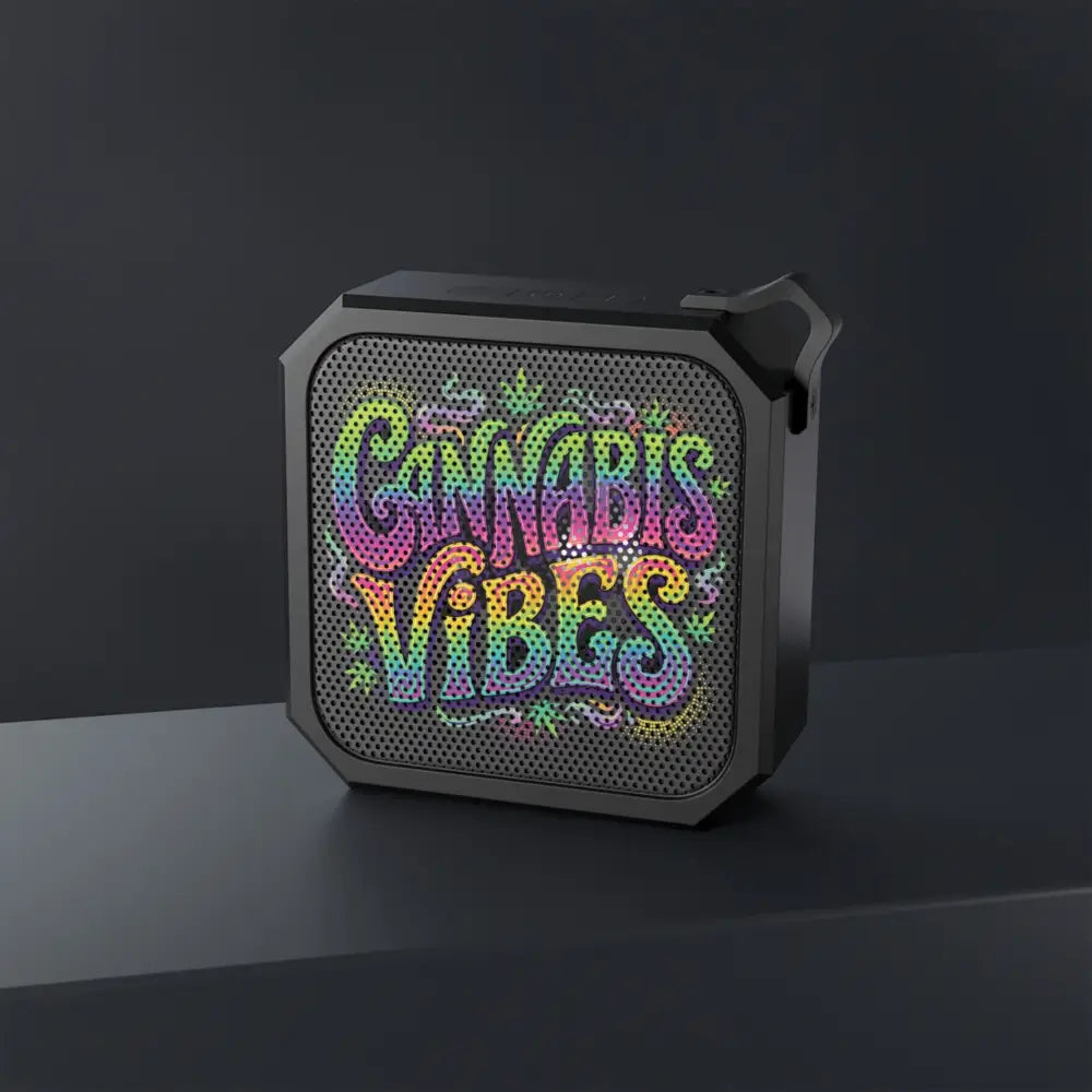 Black portable cannabis vibes bluetooth speaker with colorful retro graffiti design for outdoor use