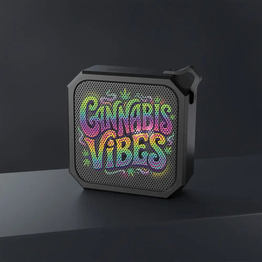 Black portable cannabis vibes bluetooth speaker with colorful retro graffiti design for outdoor use