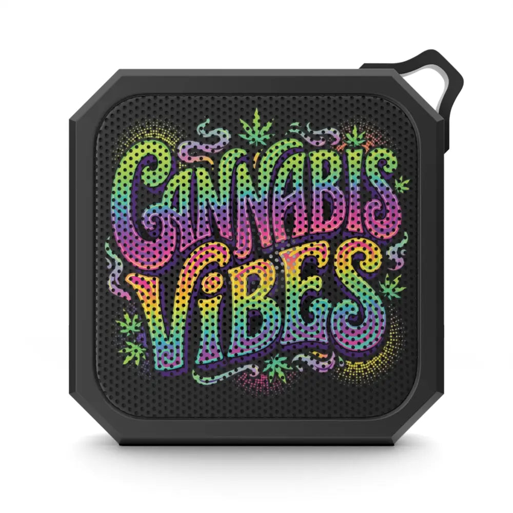 Black octagonal bluetooth speaker with vibrant rainbow cannabis vibes graphic for outdoor blackwater bluetooth use