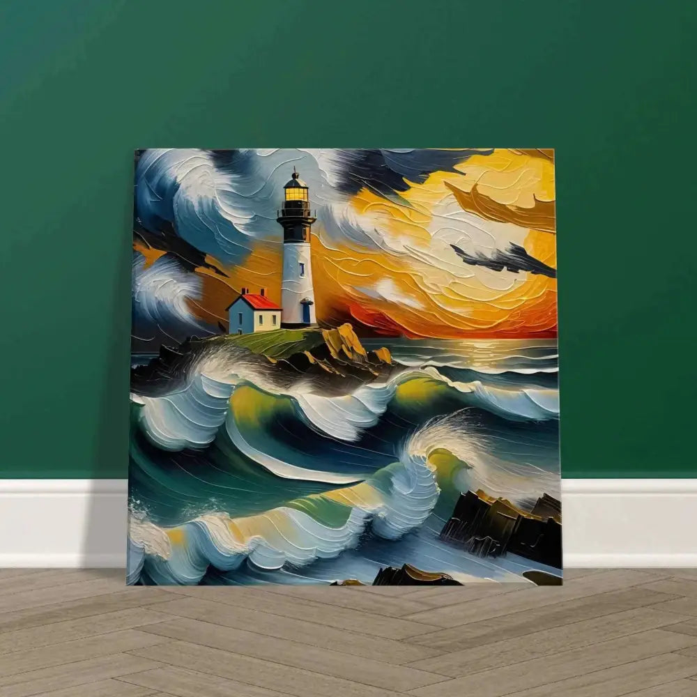Vibrant PixiOnyx Oceanstorm Canvas depicting lighthouse, waves clash, fury beneath sunset