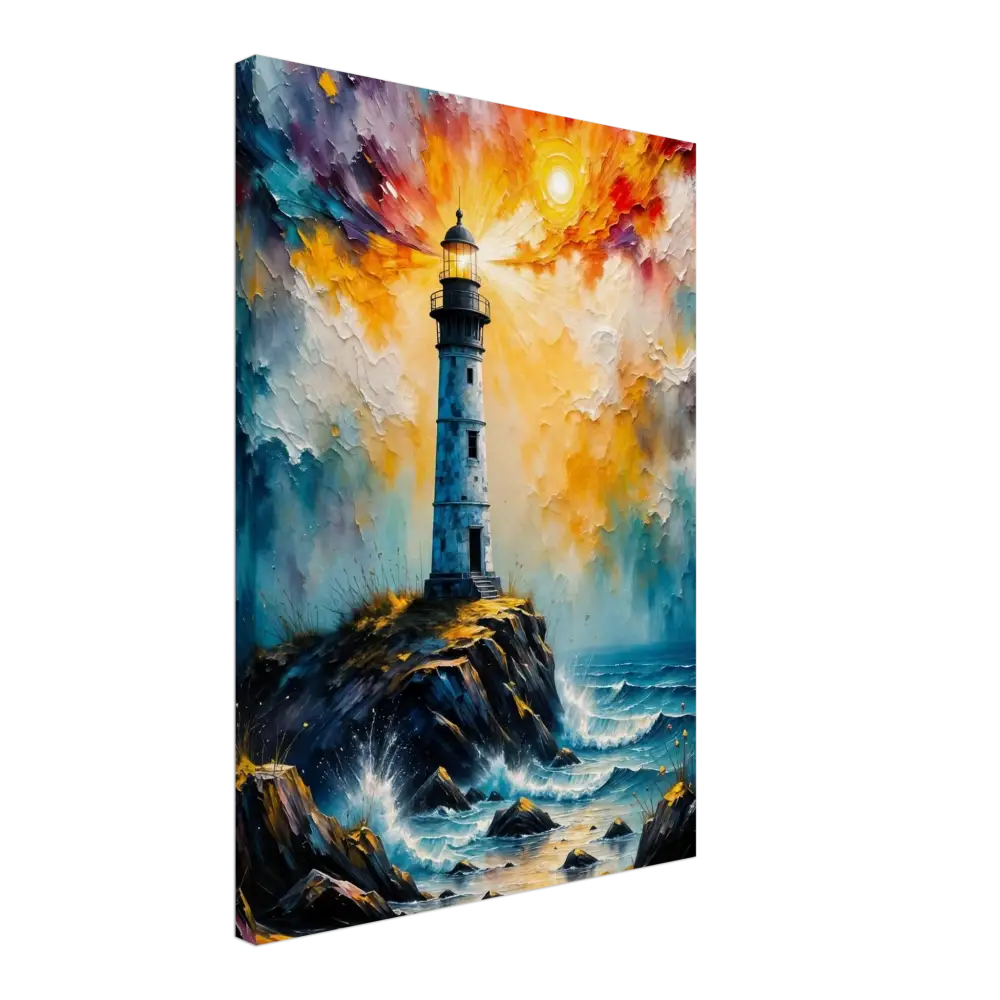 Vibrant oil painting of an abstract lighthouse scene on storm breaks loose rocky coast with gsm artist-grade cotton