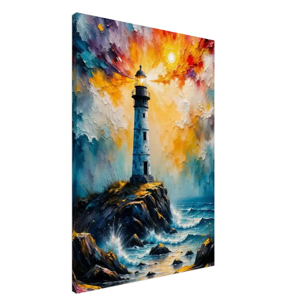 Vibrant abstract lighthouse scene on storm breaks loose rocky coast canvas by PixiOnyx