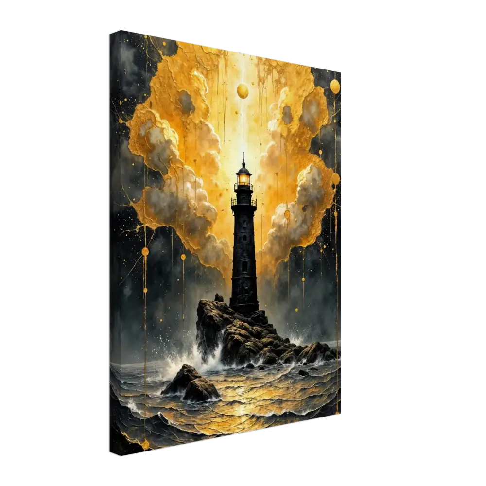 Gallery-wrapped canvas captures storm-charged beacon emerges on rocky coast at sunset