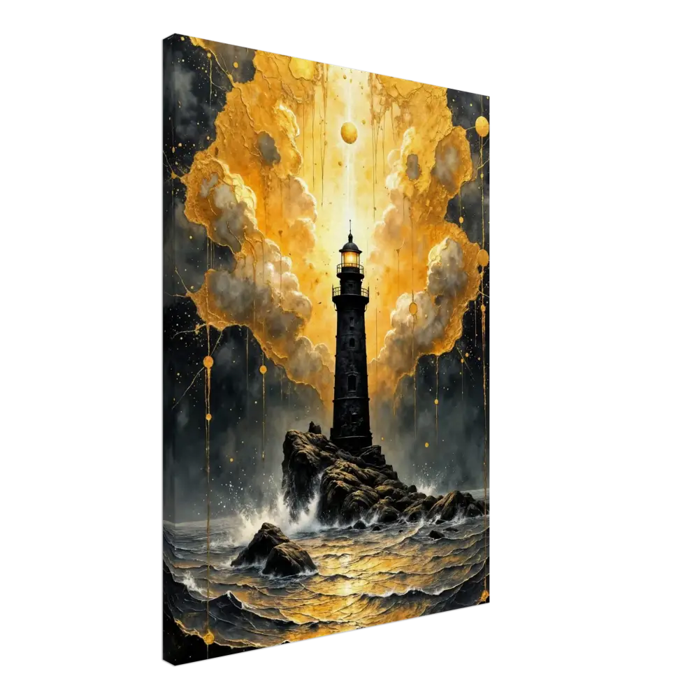 Gallery-wrapped canvas captures divine storm-charged beacon emerges on rocky coastline with golden waves