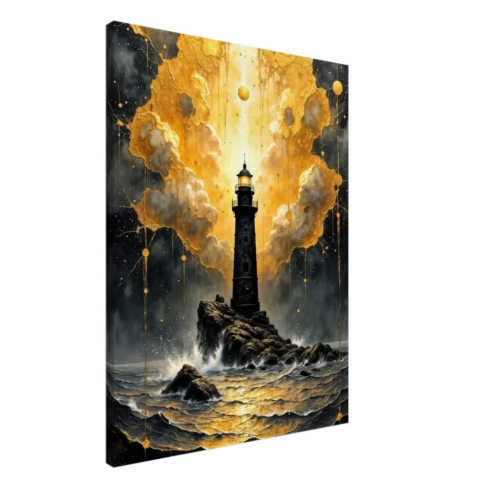 Gallery-wrapped canvas captures divine storm-charged beacon emerges against stormy seas and golden sky