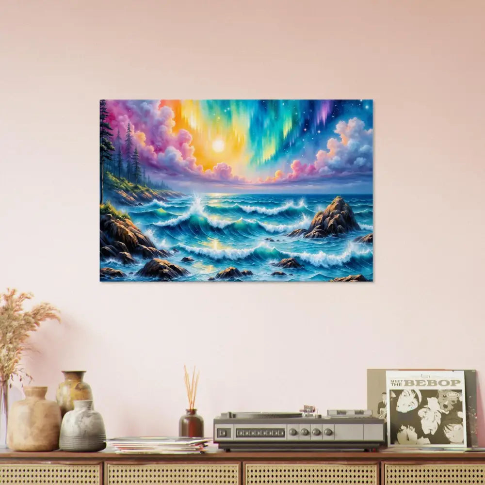 Vibrant celestial tide painting of stormy sea under aurora ocean fantasy sky for walls breathe