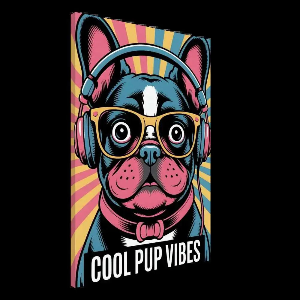 Graphic art print of a French Bulldog with headphones and bow tie on cotton-poly blend canvas