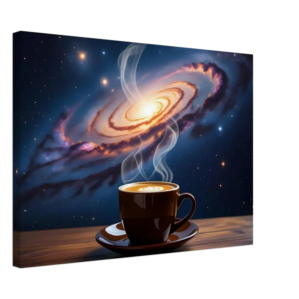 Steaming coffee in a brown mug on Canvas Cosmic Brew PixiOnyx Dreamscape Canvas