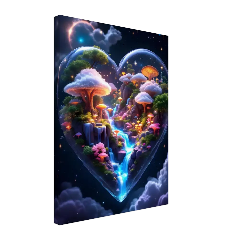 Heart-shaped fantasy landscape with glowing mushrooms and waterfall in Canvas Cosmic Heart PixiOnyx Soft Dreamscape Edition