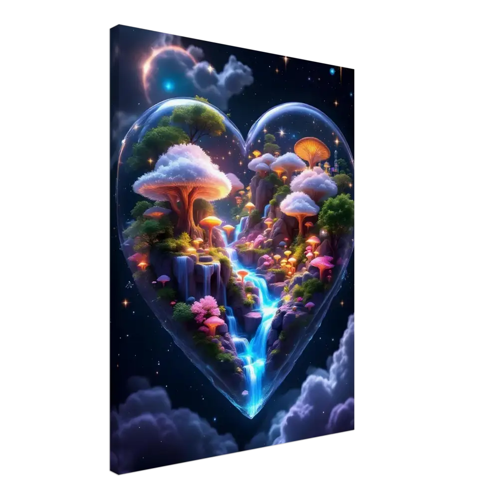Heart-shaped fantasy landscape with glowing mushrooms and waterfall on Canvas Cosmic Heart PixiOnyx