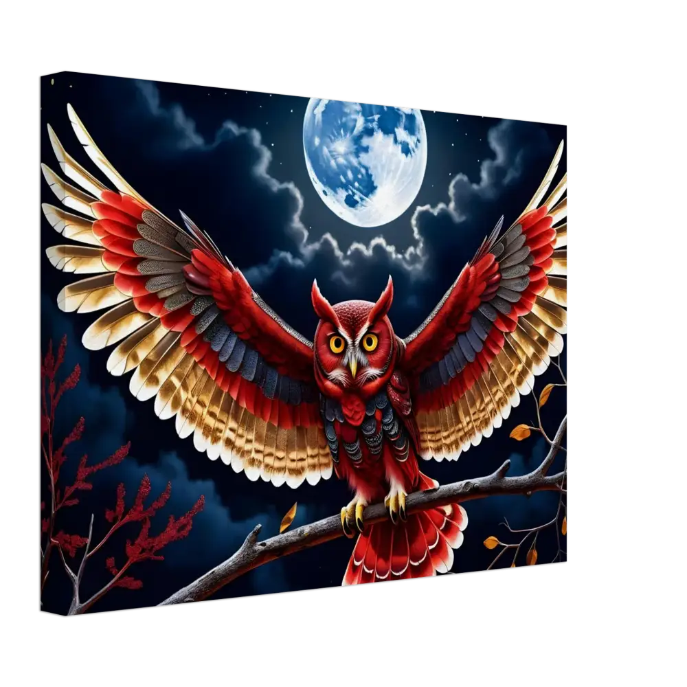 Vibrant owl with outstretched wings on Canvas Crimson Wings Unfurled PixiOnyx Celestial