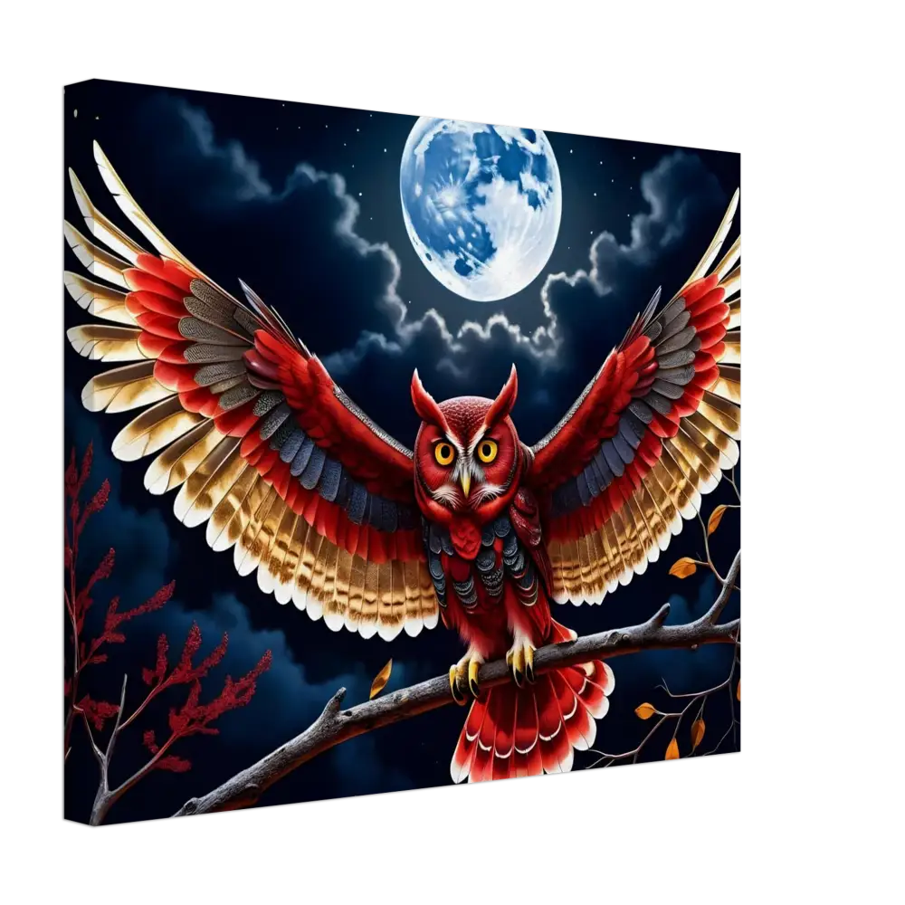 Red owl with outstretched wings on PixiOnyx Canvas Crimson Wings Unfurled artwork