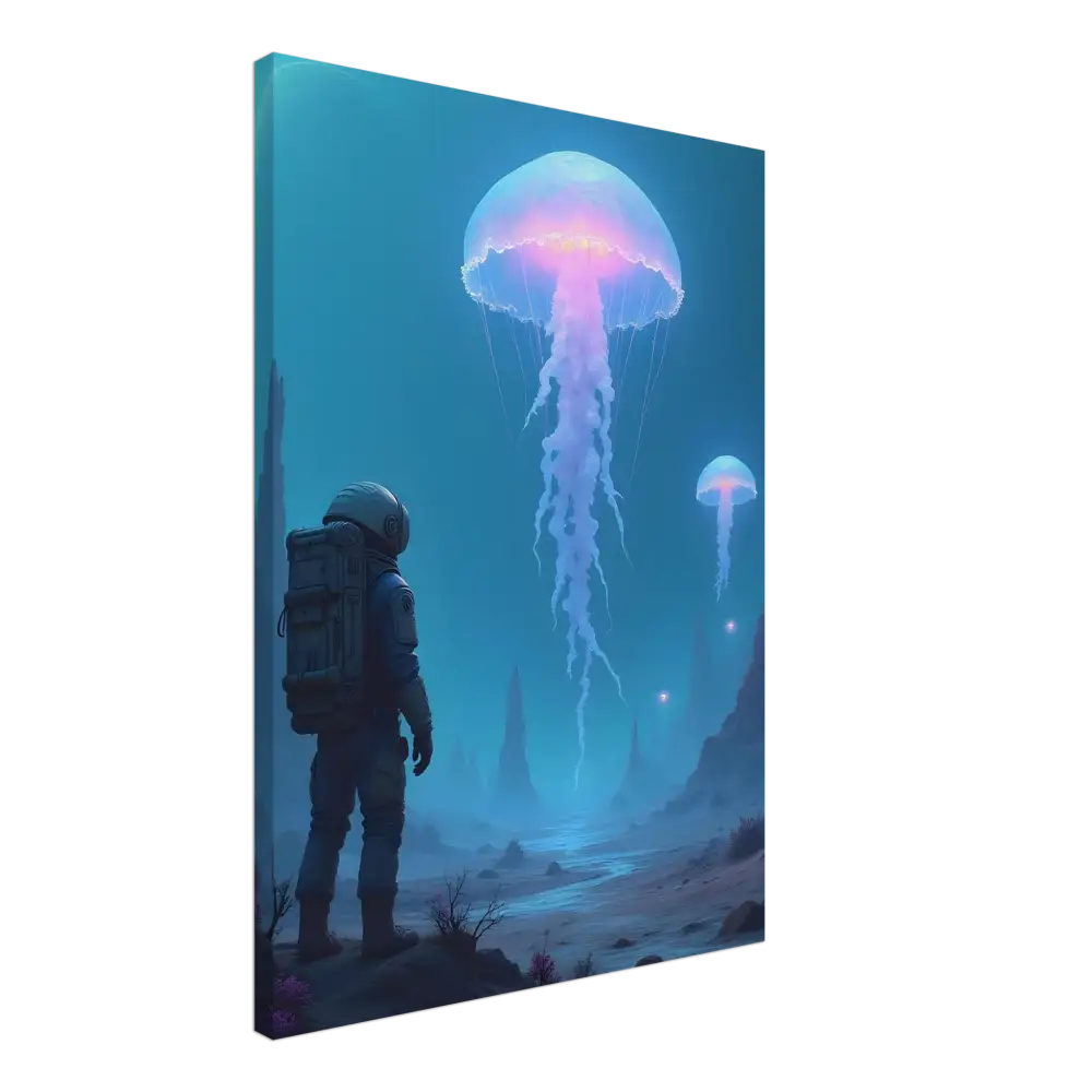 Astronaut observing glowing bioluminescent jellyfish scene on Canvas Deep Drift Encounter by PixiOnyx