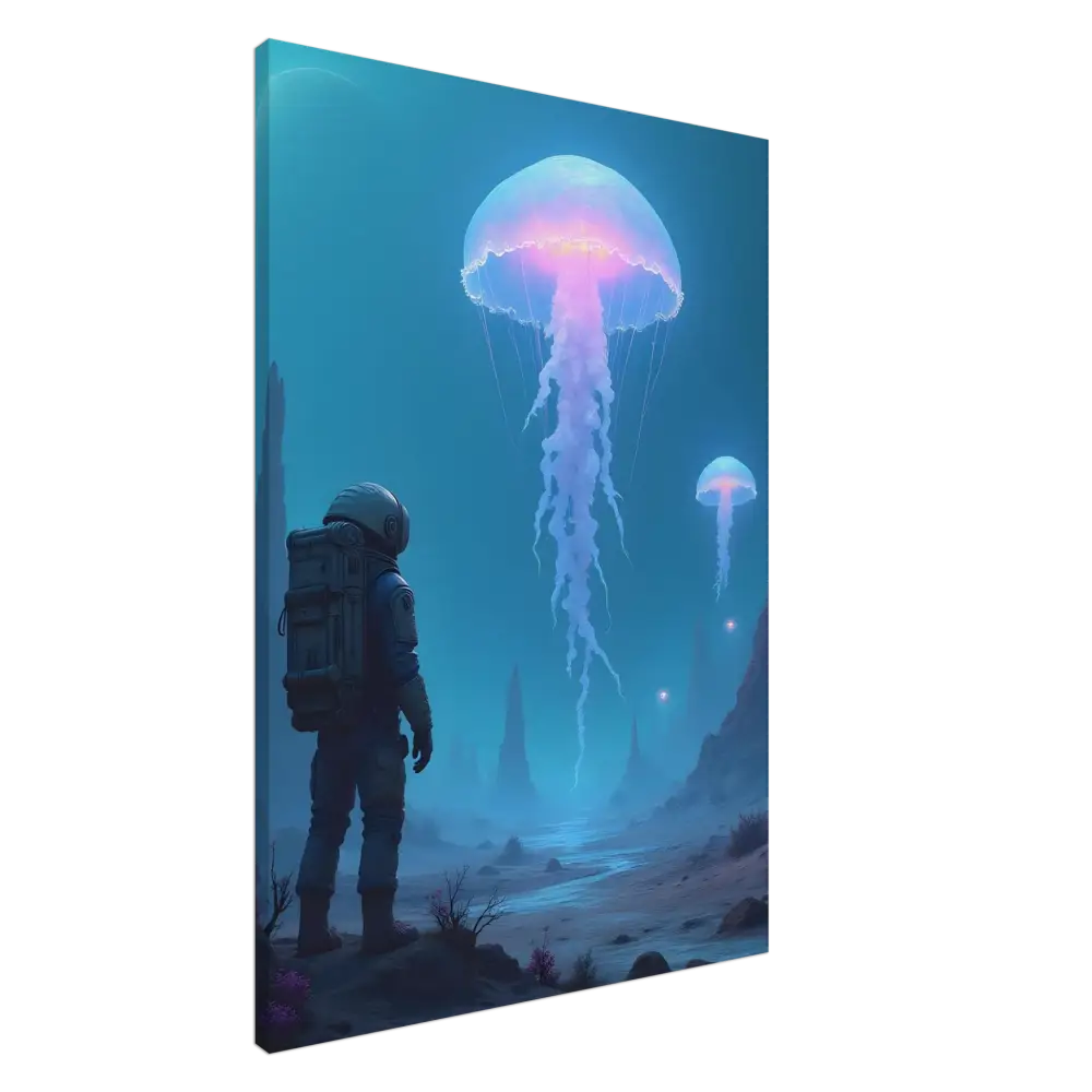 Canvas print of astronaut and bioluminescent jellyfish scene for Deep Drift Encounter product