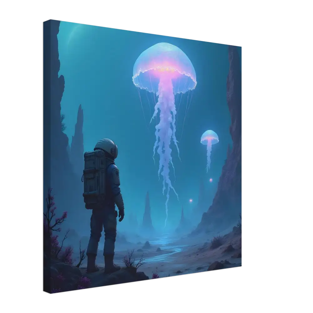 Canvas print of an astronaut gazing at bioluminescent jellyfish scene by PixiOnyx