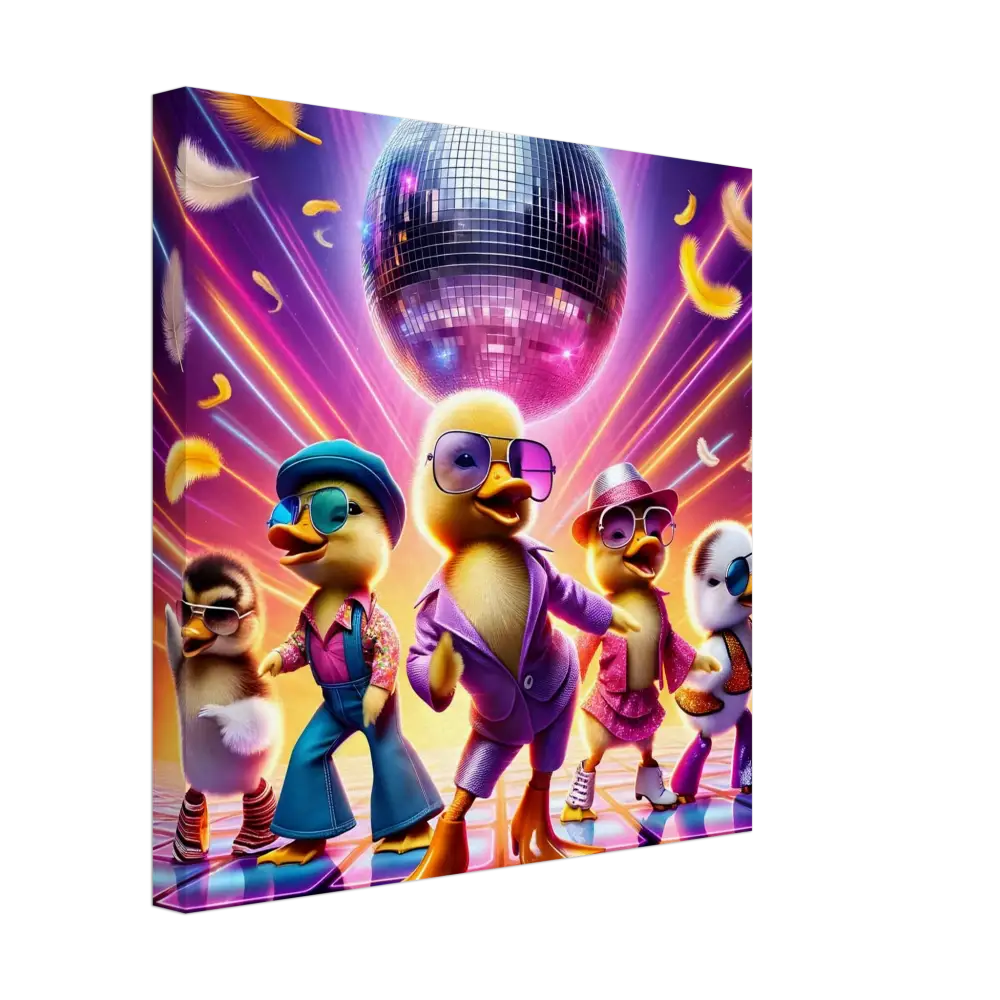Disco-themed duckling canvas art displayed on PixiOnyx Retro Absurdist Display