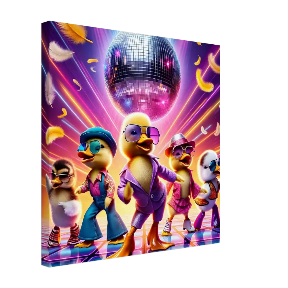 Disco-themed ducklings in retro attire from PixiOnyx Canvas Disco Ducklings collection