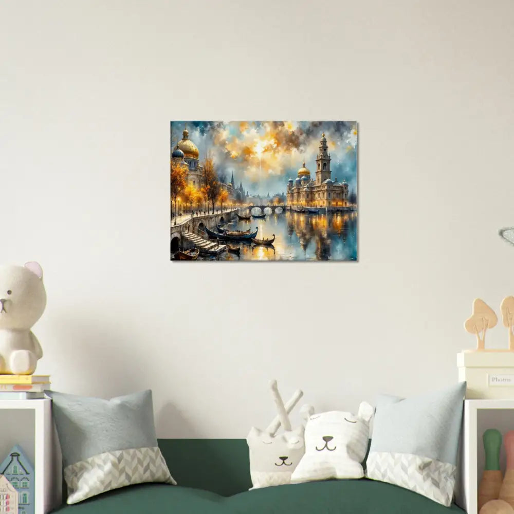 Vibrant oil painting of a glowing cityscape transcends reality with ornate buildings and bridges