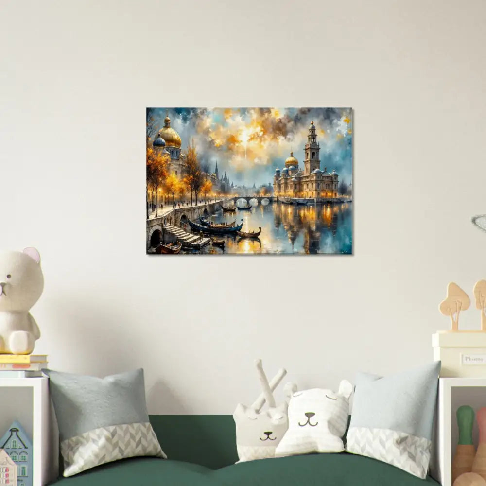 Vibrant watercolor European cityscape at dusk with glowing reflections, imagined elegance printed