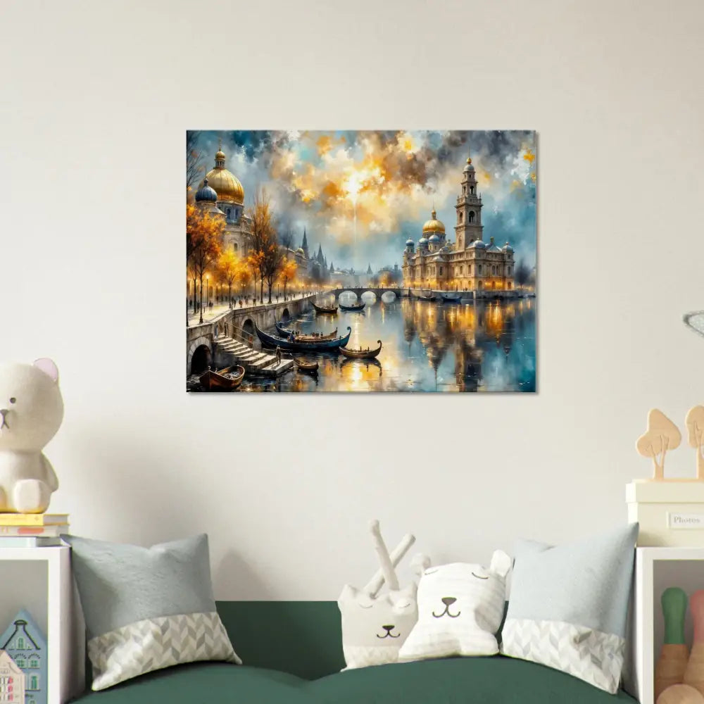 Vibrant European cityscape transcends reality with glowing river and golden domes in printed artwork