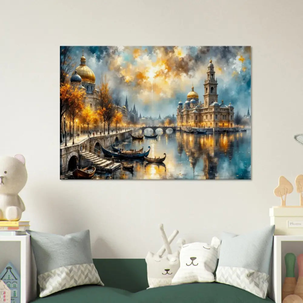 Vibrant European cityscape transcends reality with glowing river scene on PixiOnyx Luxe Canvas