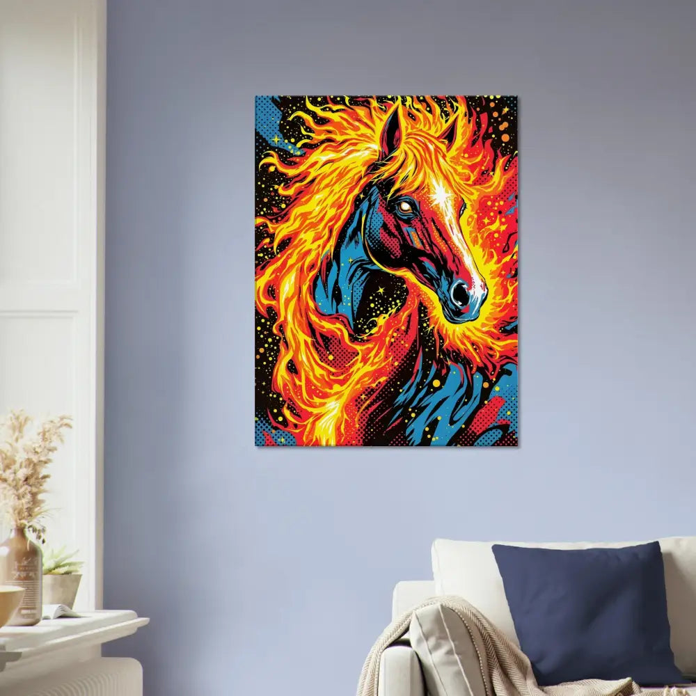 Vibrantly colored equinox ablaze horse head canvas print on PixiOnyx Dreamscape Display