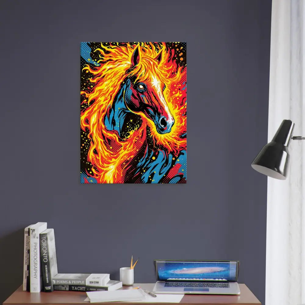 Vibrant pop art canvas print of a fiery radiant stallion charging in Equinox Ablaze display