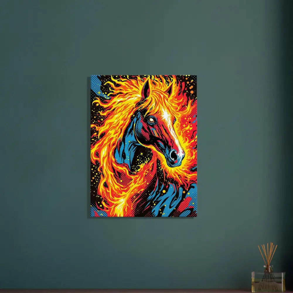 Vibrant pop art painting of a fiery-maned radiant stallion charging on Canvas – Equinox Ablaze display