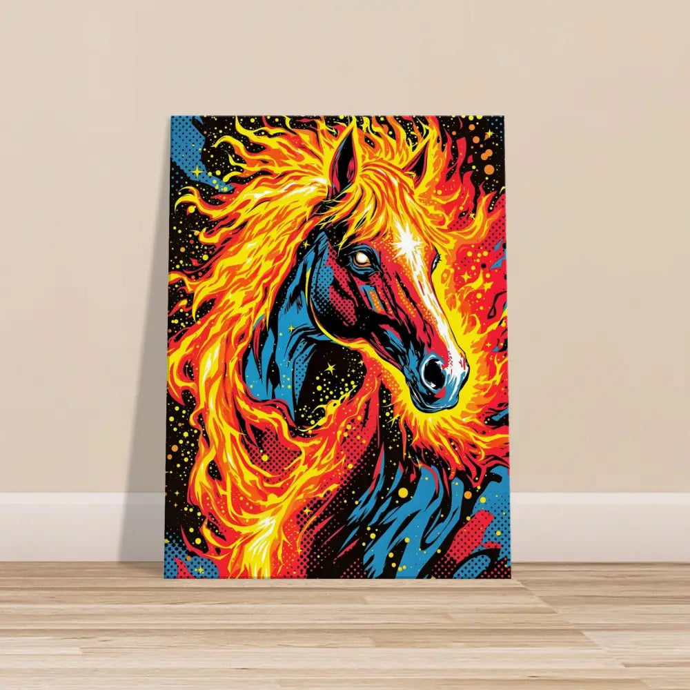 Vibrant pop art style radiant stallion charging with fiery mane on Canvas – Equinox Ablaze