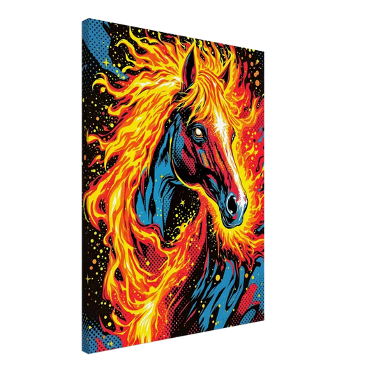 Vibrantly colored horse head with fiery mane in PixiOnyx Dreamscape Display for Equinox Ablaze