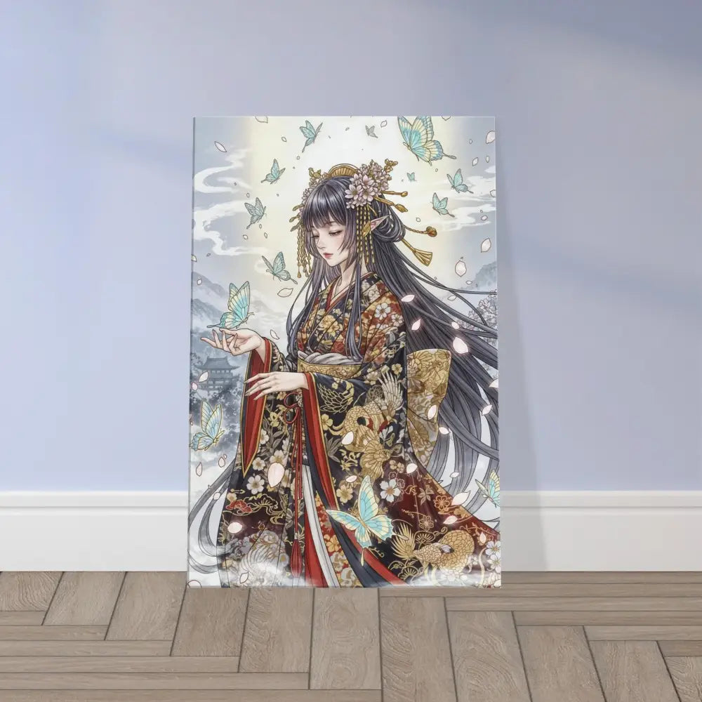 Anime-style canvas print of a woman in kimono with butterflies on hand-stretched poly-cotton blend canvas with solid wood frame