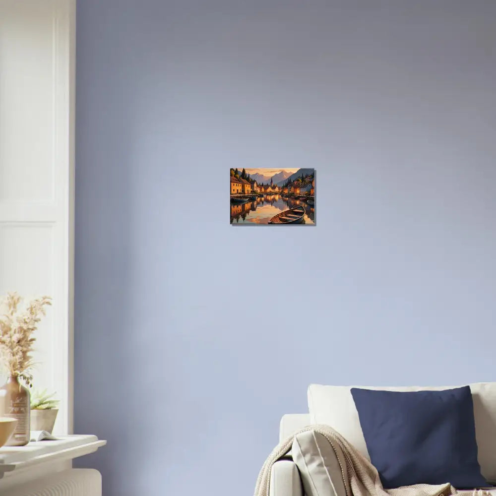 Framed landscape painting titled Evening Glow on the Water displayed in PixiOnyx Sunset Serenity Print