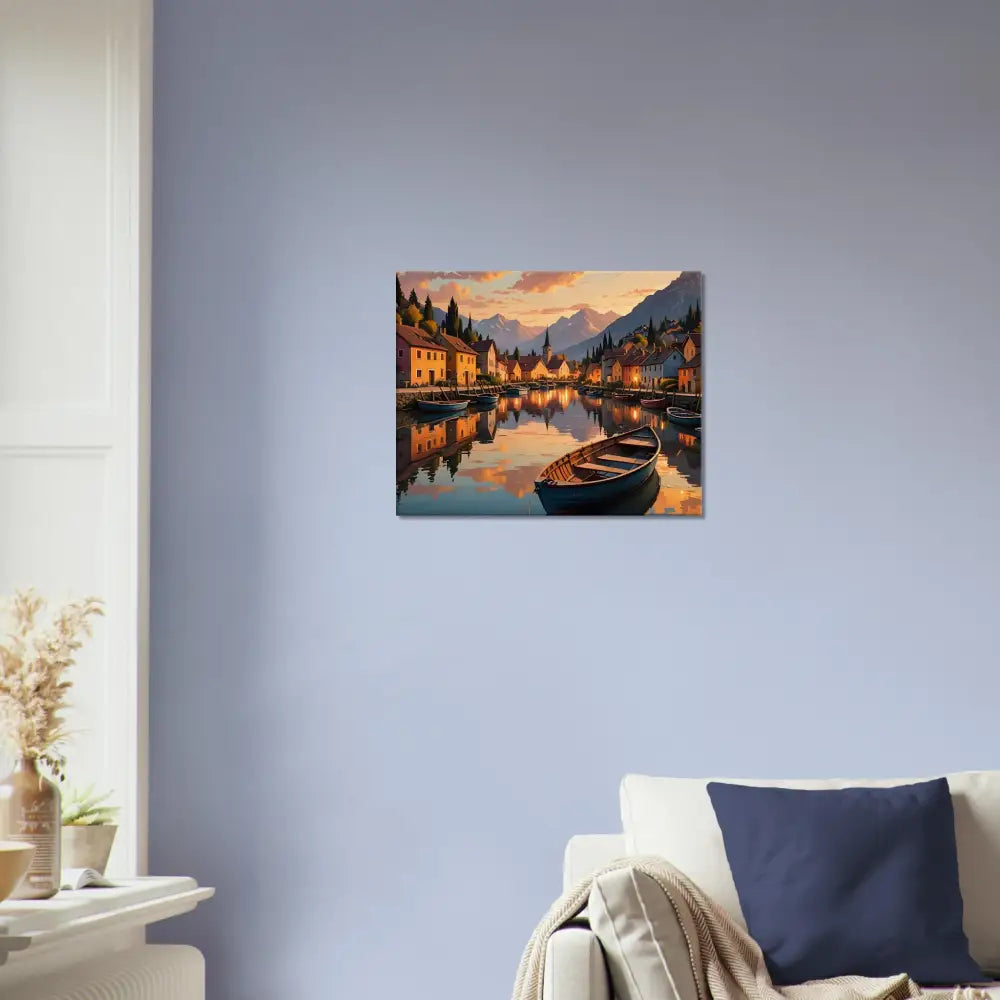 Framed lakeside village painting from PixiOnyx Sunset Serenity Print collection