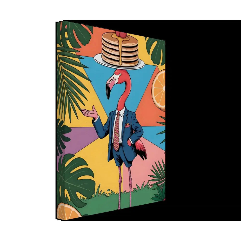 Whimsical flamingo waiter with pancakes on its head in PixiOnyx Brunch Jungle illustration