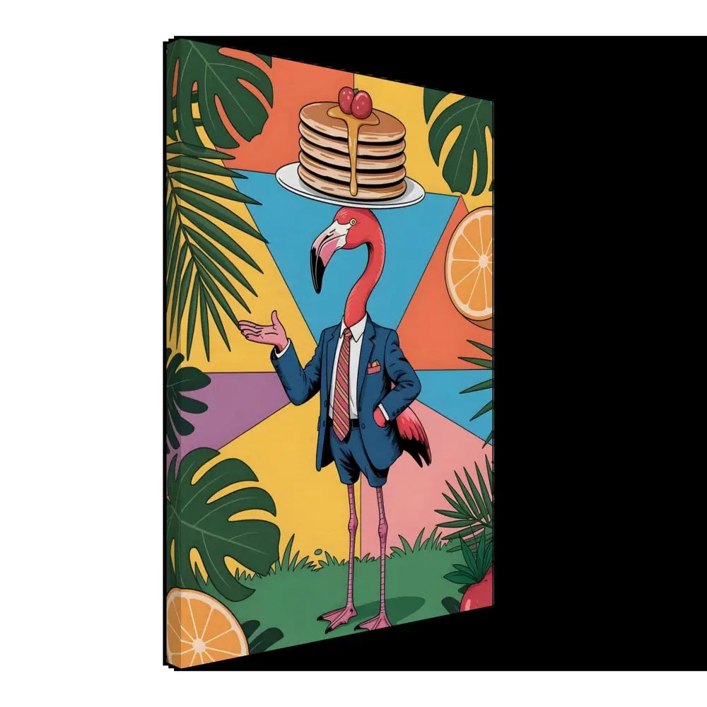 Flamingo waiter in suit with pancakes on head in tropical jungle brunch hallucination scene