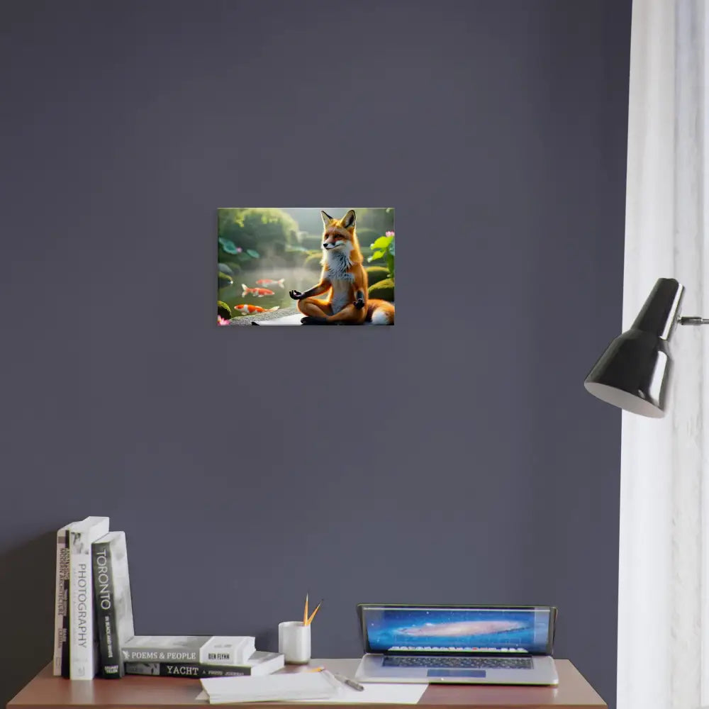 Framed fox meditating artwork from Canvas Foxasana PixiOnyx Tranquility Textile