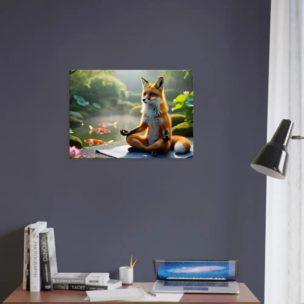 Framed fox meditating print on Canvas Foxasana PixiOnyx Tranquility Textile
