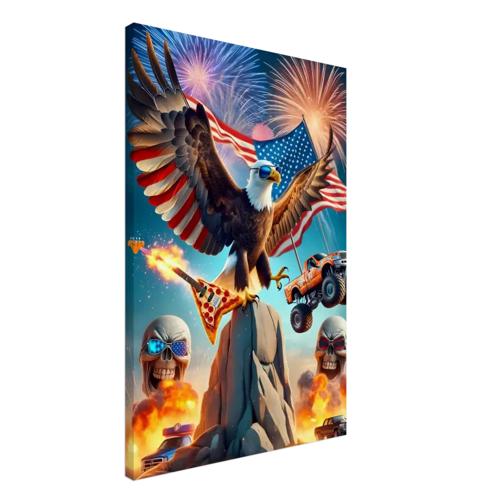 Patriotic eagle rock-and-roll fantasy artwork on Canvas - Freedom Shreds Eternal by PixiOnyx Apex Americana