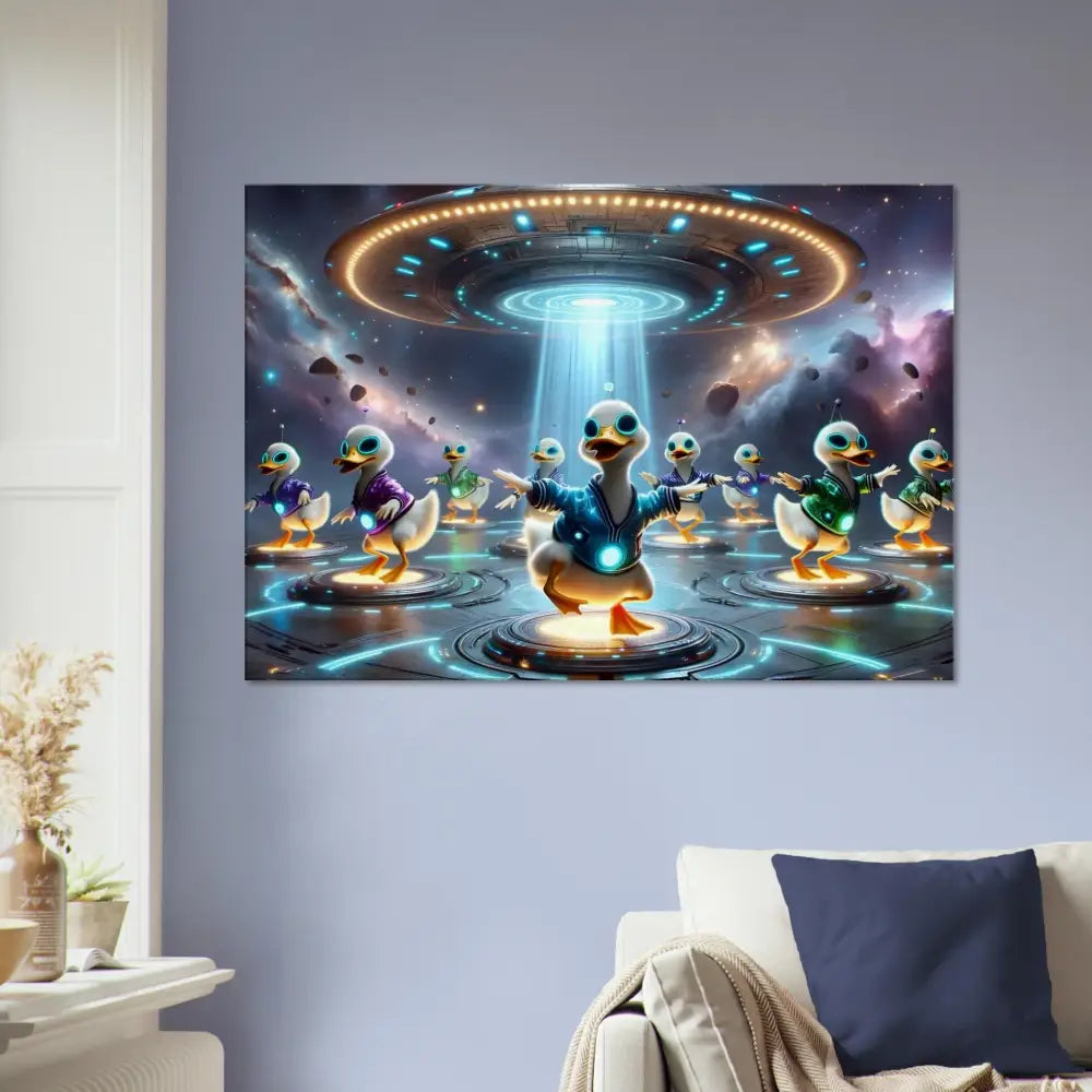 Humorous alien duck abduction art on Canvas Galactic Dance Crew PixiOnyx Astral Groove Scene