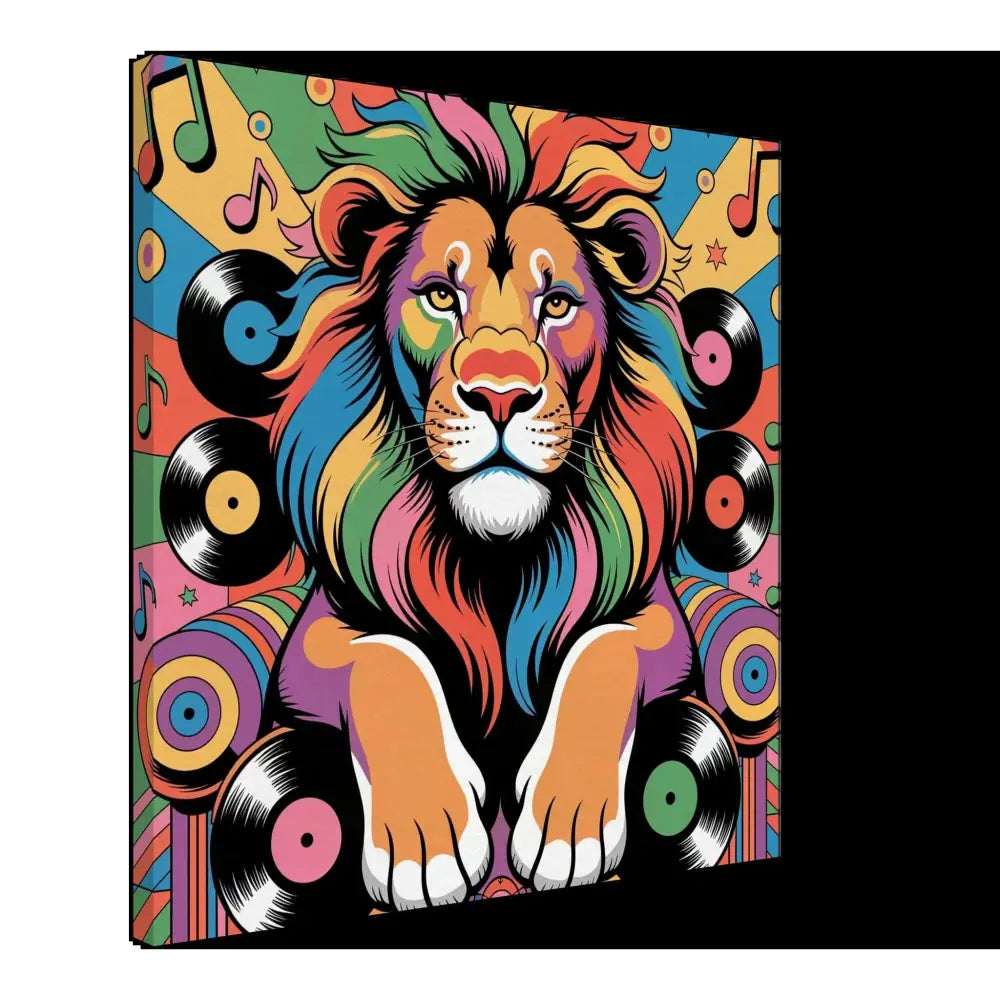 Vibrant Lion art print with musical notes and vinyl records in PixiOnyx Rhythm Jungle style for walls groove