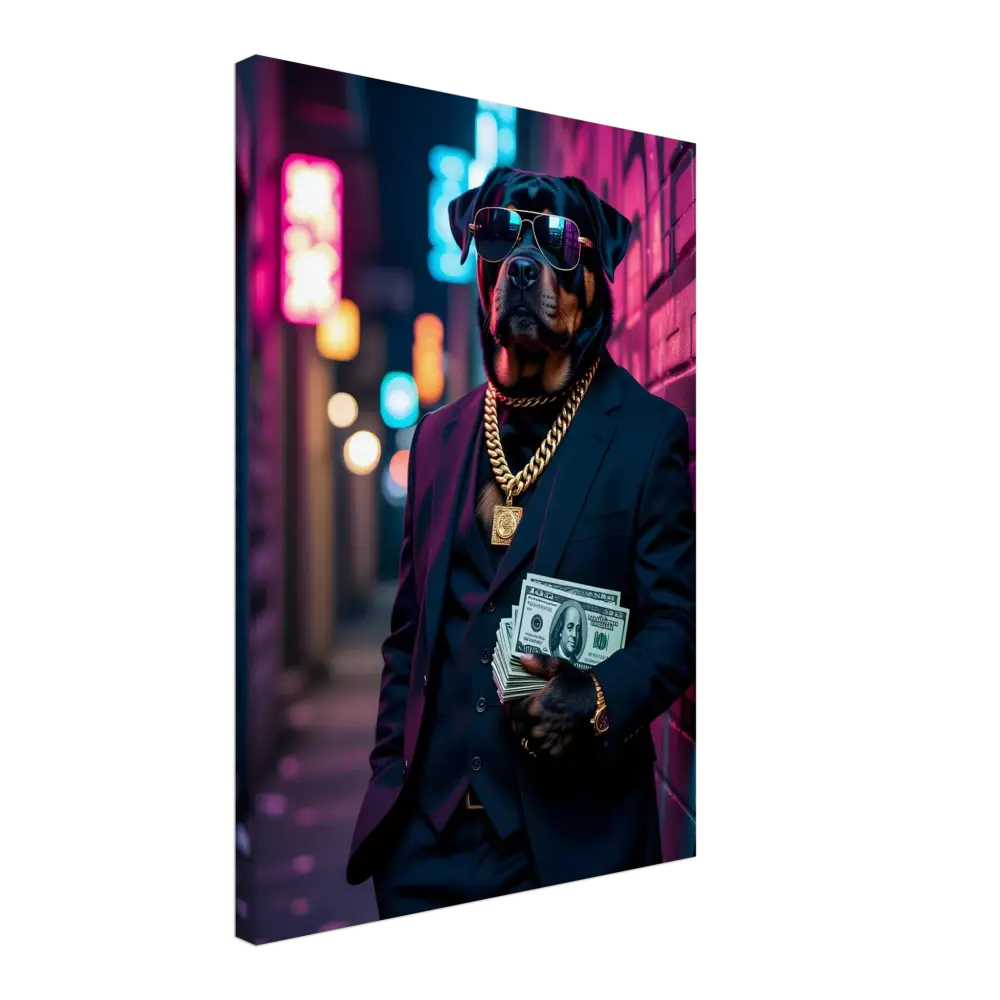 Rottweiler in suit with money on Canvas Kingpin K9 PixiOnyx Urban Alpha Canvas