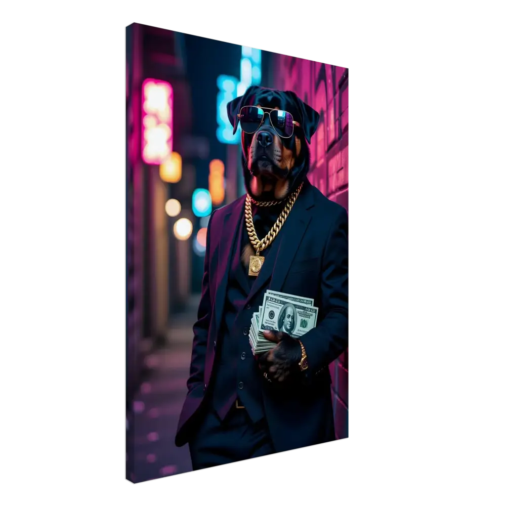 Rottweiler in suit holding money on Canvas Kingpin K9 PixiOnyx Urban Alpha Canvas