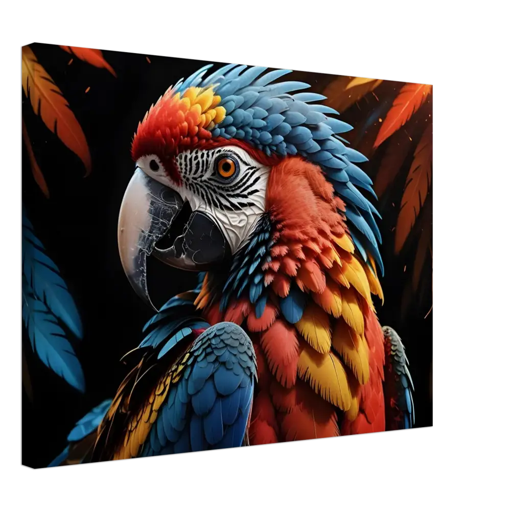 Colorful Macaw Portrait displayed on Canvas – Macaw Ascendant by PixiOnyx Nature Majesty