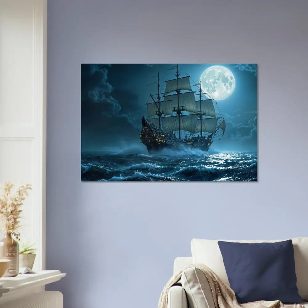 Framed Ship Painting from Canvas Moonlit Majesty PixiOnyx Cinematic Seascape