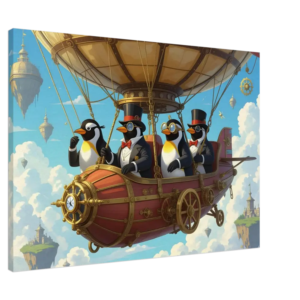 Steampunk penguin airship canvas artwork showcasing whimsical skybound classic style
