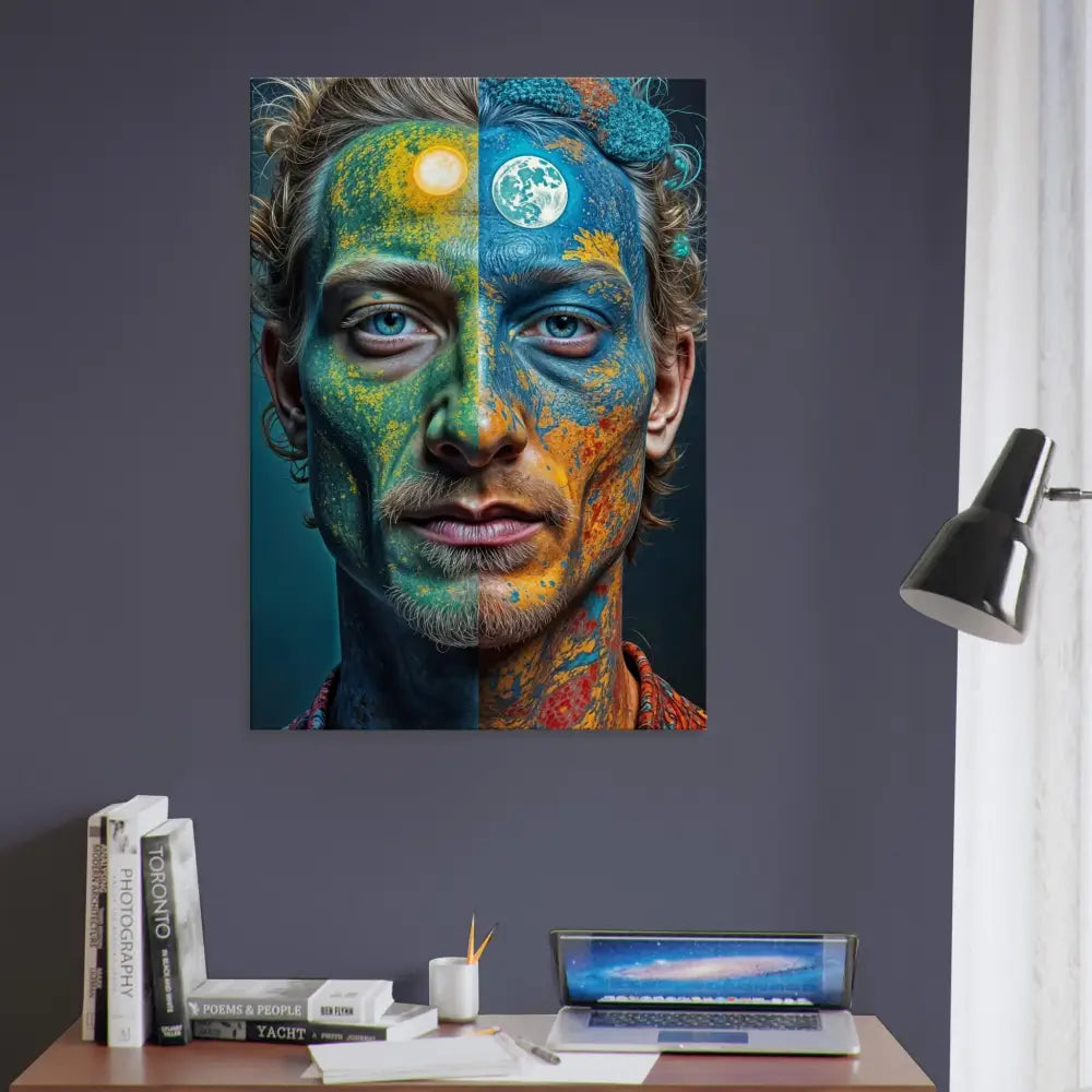 Colorful portrait of a man with Sun and Moon imagery on psychedelic duality wall canvas