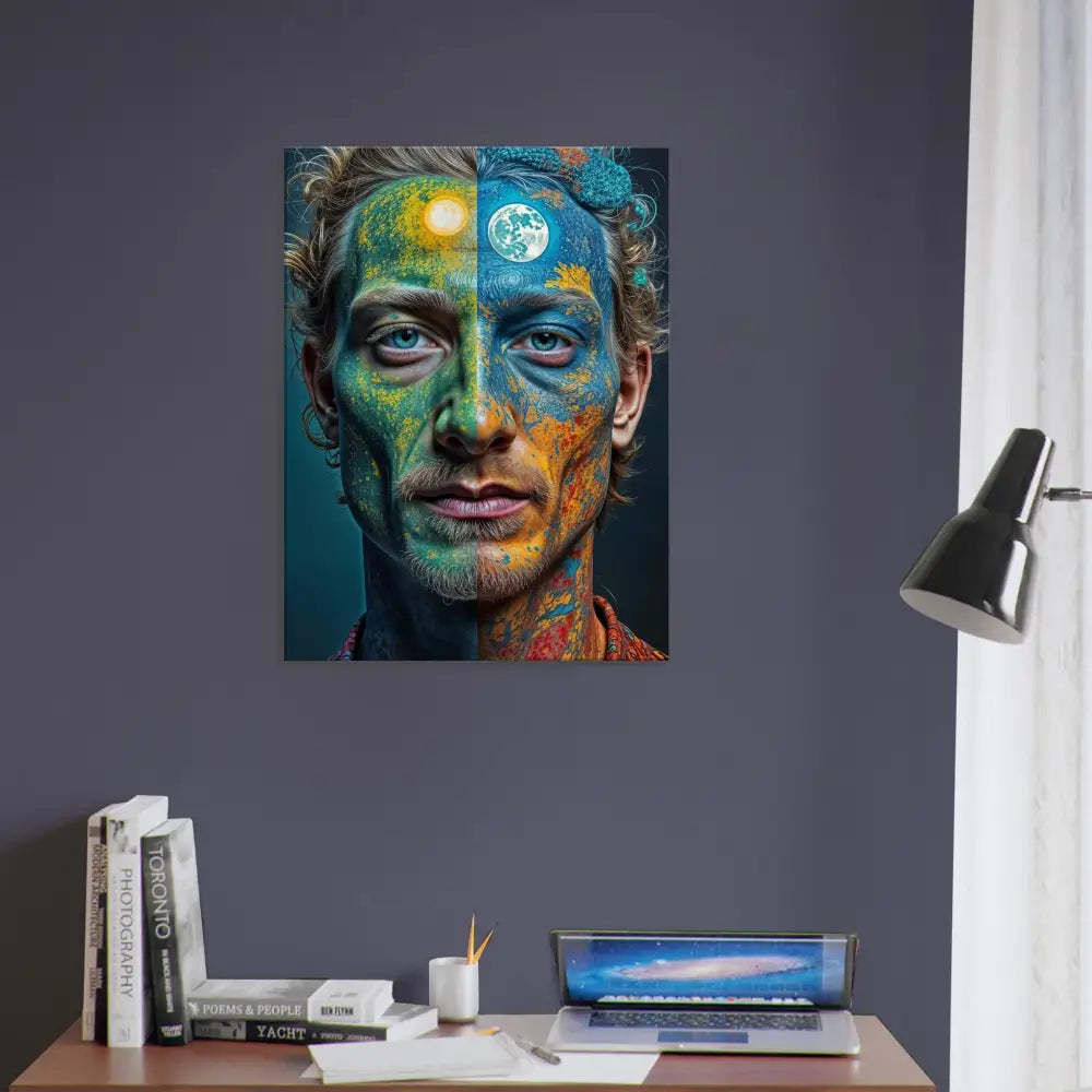 Artistic portrait with sun and moon face paint on Psychedelic Duality Wall Canvas